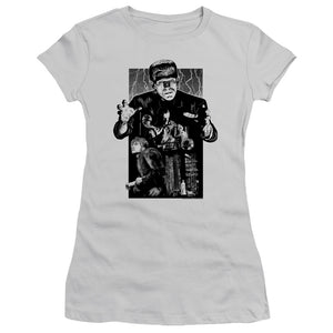 Universal Monsters Frankenstein Illustrated Junior Sheer Cap Sleeve Womens T Shirt Silver