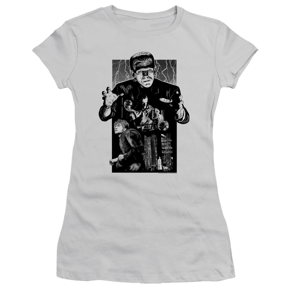 Universal Monsters Frankenstein Illustrated Junior Sheer Cap Sleeve Womens T Shirt Silver