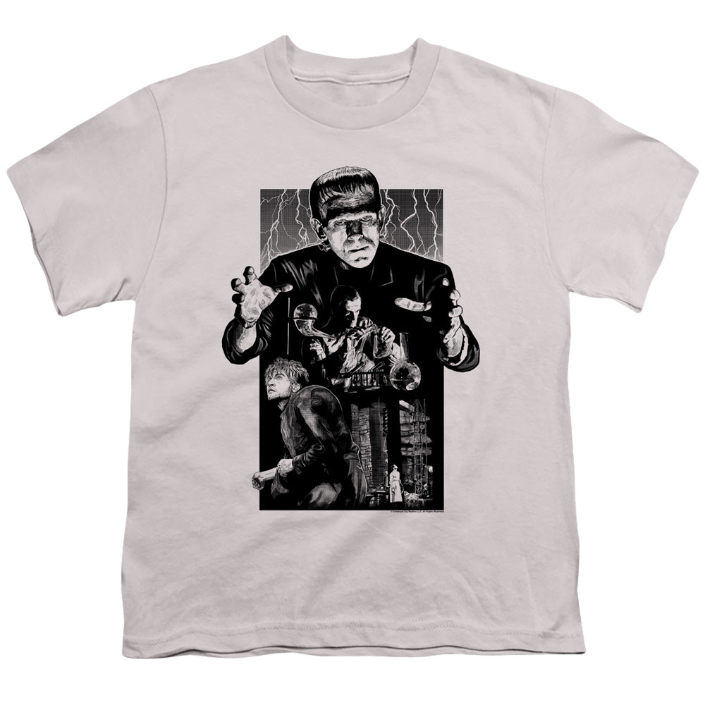 Universal Monsters Frankenstein Illustrated Kids Youth T Shirt Silver