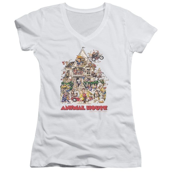 Animal House Poster Art Junior Sheer Cap Sleeve V-Neck Womens T Shirt White