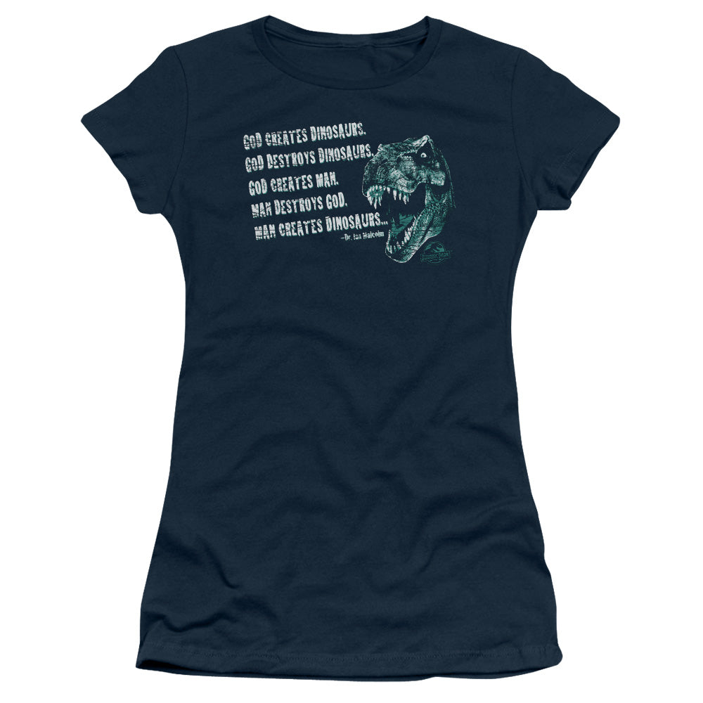 Jurassic Park God Creates Dinosaurs Junior Sheer Cap Sleeve Womens T Shirt Navy Blue