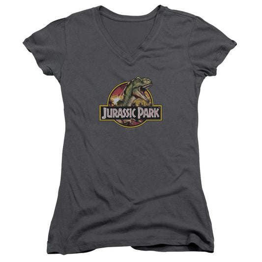 Jurassic Park Retro Rex Junior Sheer Cap Sleeve V-Neck Womens T Shirt Charcoal