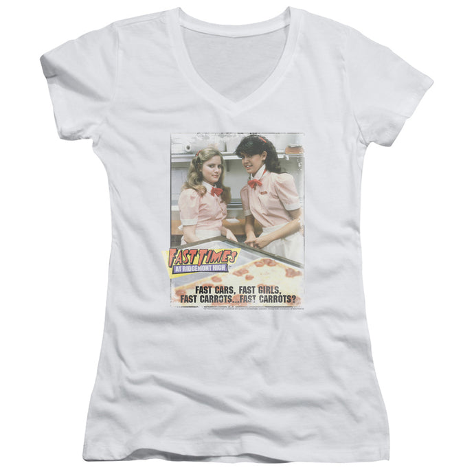 Fast Times at Ridgemont High Fast Carrots Junior Sheer Cap Sleeve V-Neck Womens T Shirt White