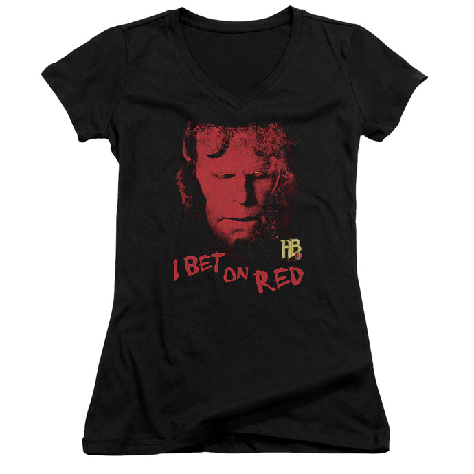 Hellboy II I Bet On Red Junior Sheer Cap Sleeve V-Neck Womens T Shirt Black