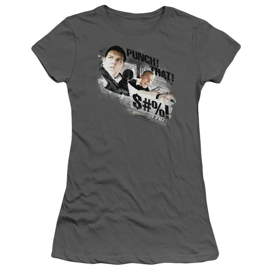 Hot Fuzz Punch That Junior Sheer Cap Sleeve Womens T Shirt Charcoal