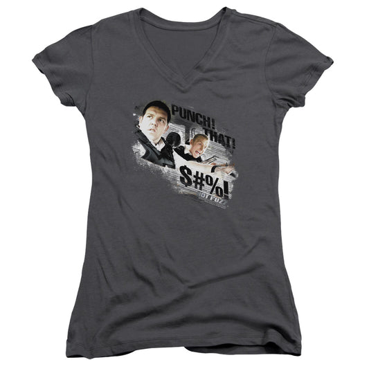 Hot Fuzz Punch That Junior Sheer Cap Sleeve V-Neck Womens T Shirt Charcoal