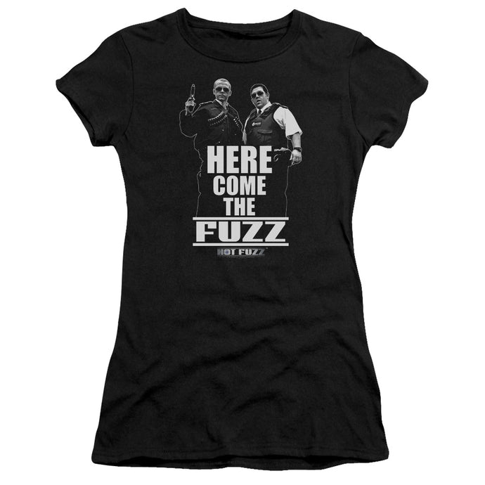 Hot Fuzz Here Come The Fuzz Junior Sheer Cap Sleeve Womens T Shirt Black