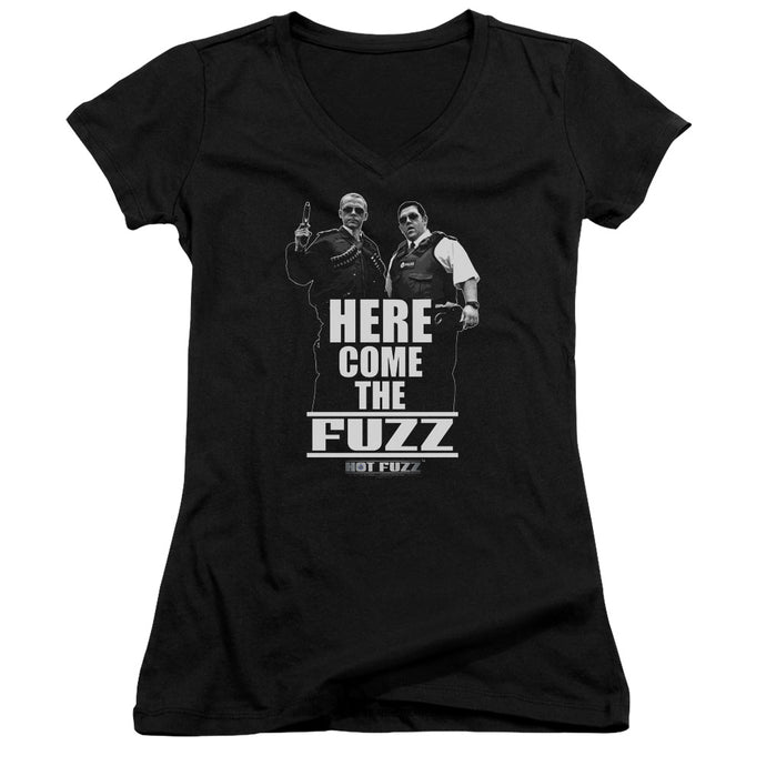 Hot Fuzz Here Come The Fuzz Junior Sheer Cap Sleeve V-Neck Womens T Shirt Black