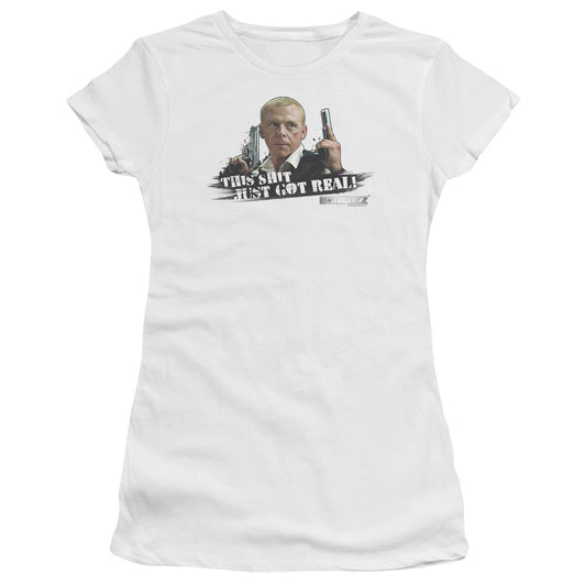 Hot Fuzz Just Got Real Junior Sheer Cap Sleeve Womens T Shirt White