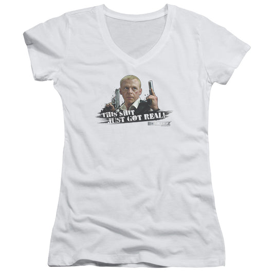 Hot Fuzz Just Got Real Junior Sheer Cap Sleeve V-Neck Womens T Shirt White