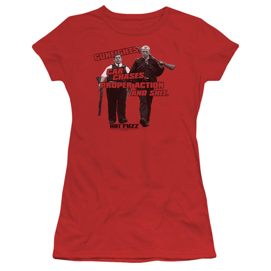 Hot Fuzz Days Work Junior Sheer Cap Sleeve Womens T Shirt Red