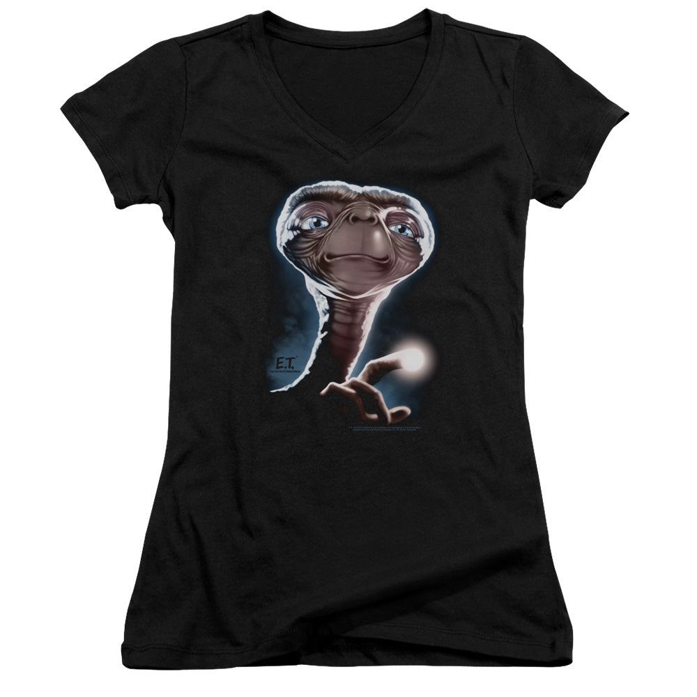 ET the Extra Terrestrial Portrait Junior Sheer Cap Sleeve V-Neck Womens T Shirt Black