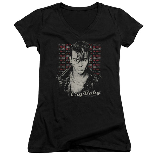 Cry Baby Drapes and Squares Junior Sheer Cap Sleeve V-Neck Womens T Shirt Black