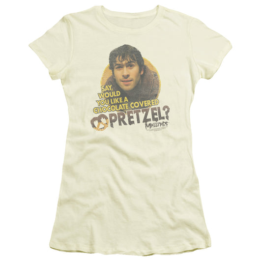 Mallrats Pretzels Junior Sheer Cap Sleeve Womens T Shirt Cream