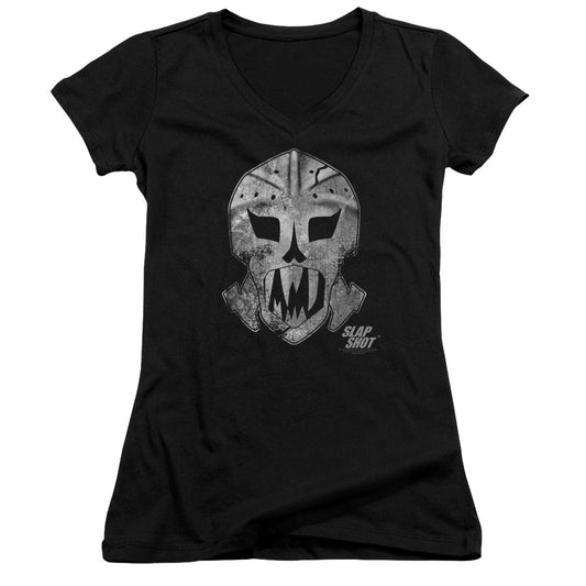 Slap Shot Goalie Mask Junior Sheer Cap Sleeve V-Neck Womens T Shirt Black