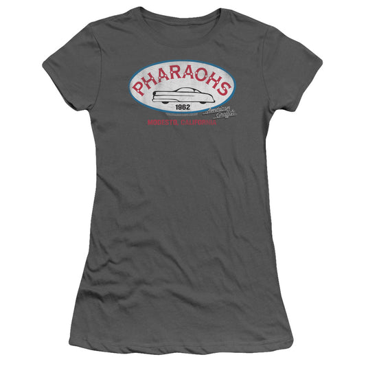 American Graffiti Pharaohs Junior Sheer Cap Sleeve Womens T Shirt Charcoal