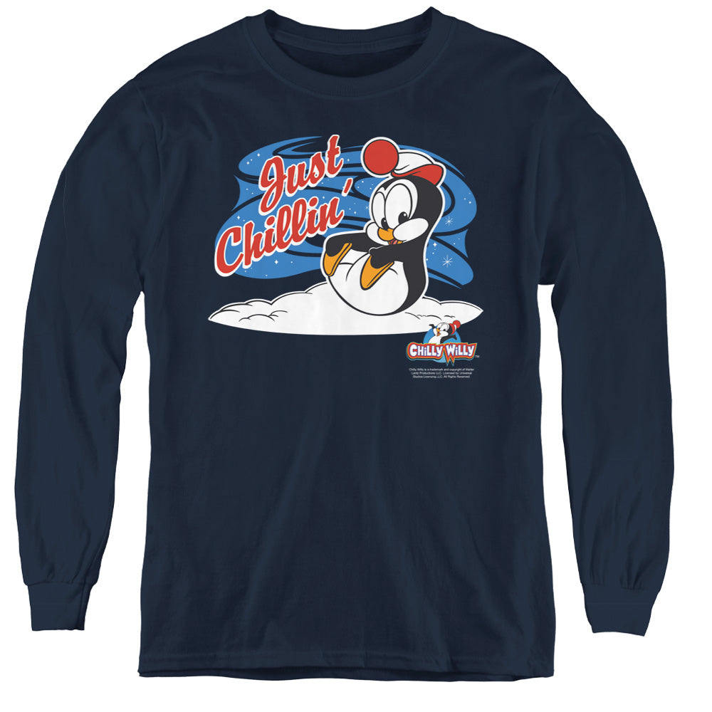 Chilly Willy Just Chillin Long Sleeve Kids Youth T Shirt Navy Blue