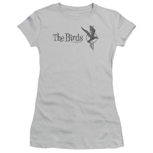 The Birds Distressed Junior Sheer Cap Sleeve Womens T Shirt Silver