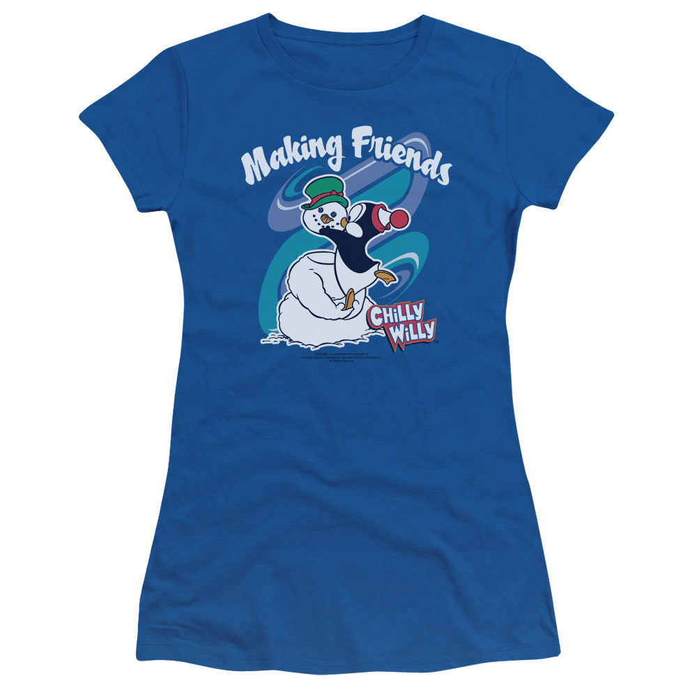 Chilly Willy Making Friends Junior Sheer Cap Sleeve Womens T Shirt Royal Blue