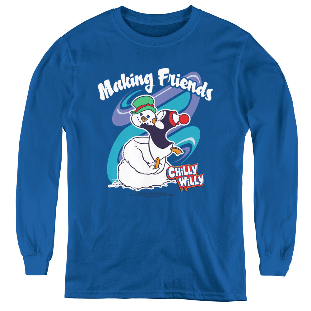 Chilly Willy Making Friends Long Sleeve Kids Youth T Shirt Royal Blue