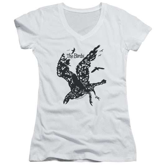 The Birds Title Junior Sheer Cap Sleeve V-Neck Womens T Shirt White