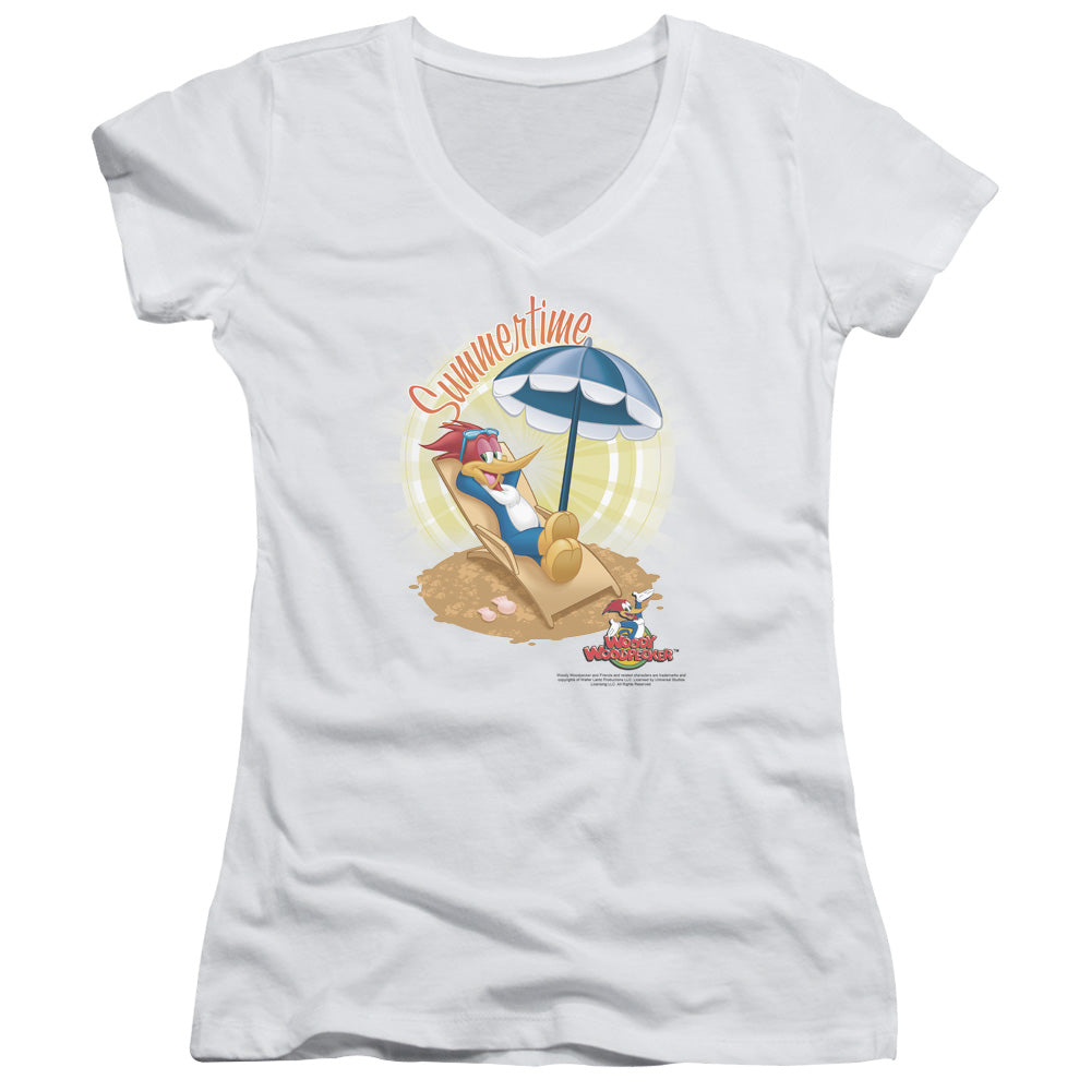 Woody Woodpecker Summertime Junior Sheer Cap Sleeve V-Neck Womens T Shirt White