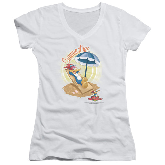 Woody Woodpecker Summertime Junior Sheer Cap Sleeve V-Neck Womens T Shirt White