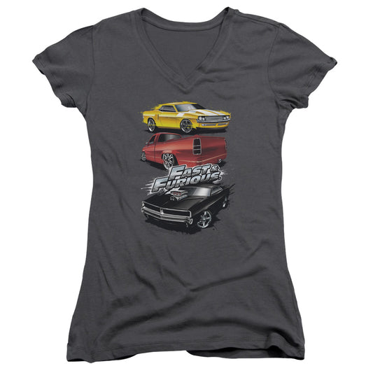 Fast And The Furious Muscle Car Splatter Junior Sheer Cap Sleeve V-Neck Womens T Shirt Charcoal