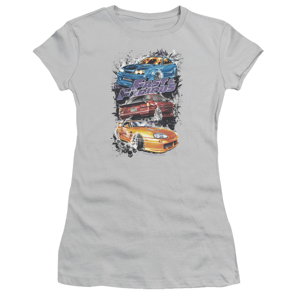 Fast And The Furious Smokin Street Cars Junior Sheer Cap Sleeve Womens T Shirt Silver