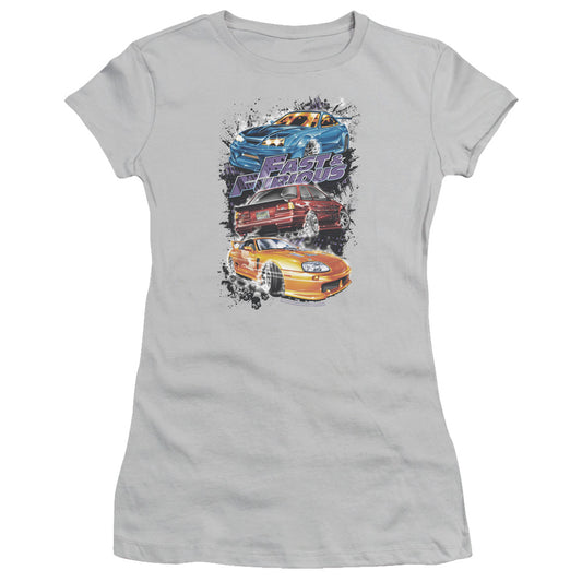 Fast And The Furious Smokin Street Cars Junior Sheer Cap Sleeve Womens T Shirt Silver