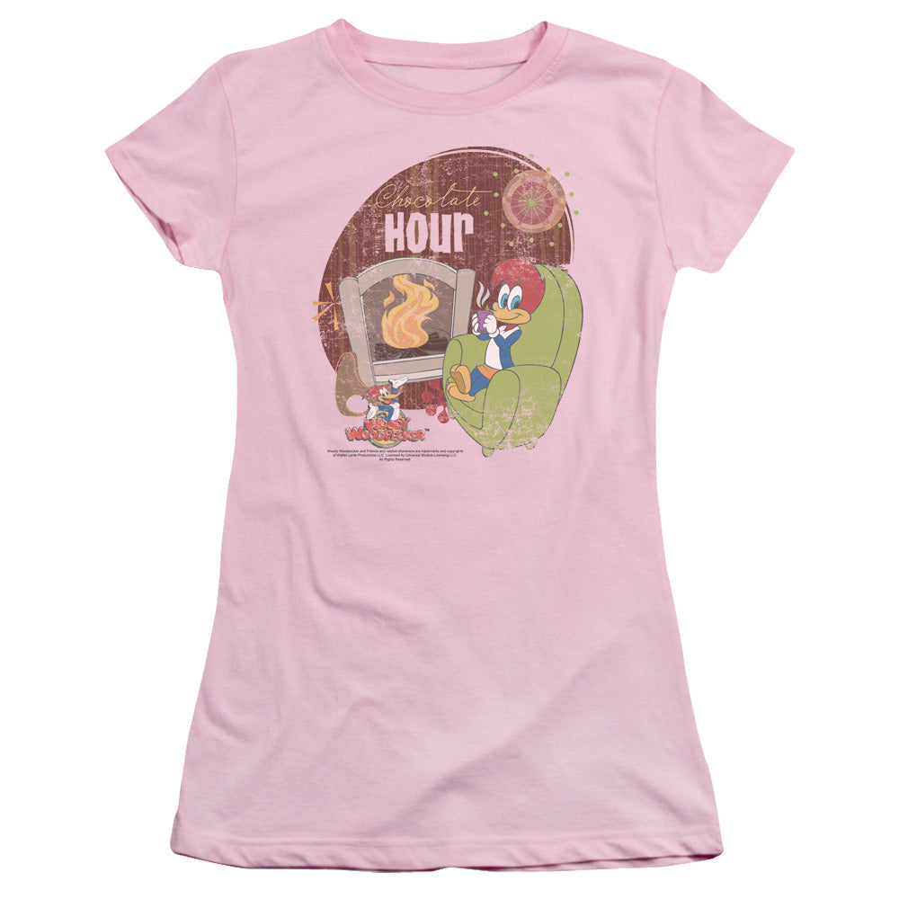 Woody Woodpecker Chocolate Hour Junior Sheer Cap Sleeve Womens T Shirt Pink