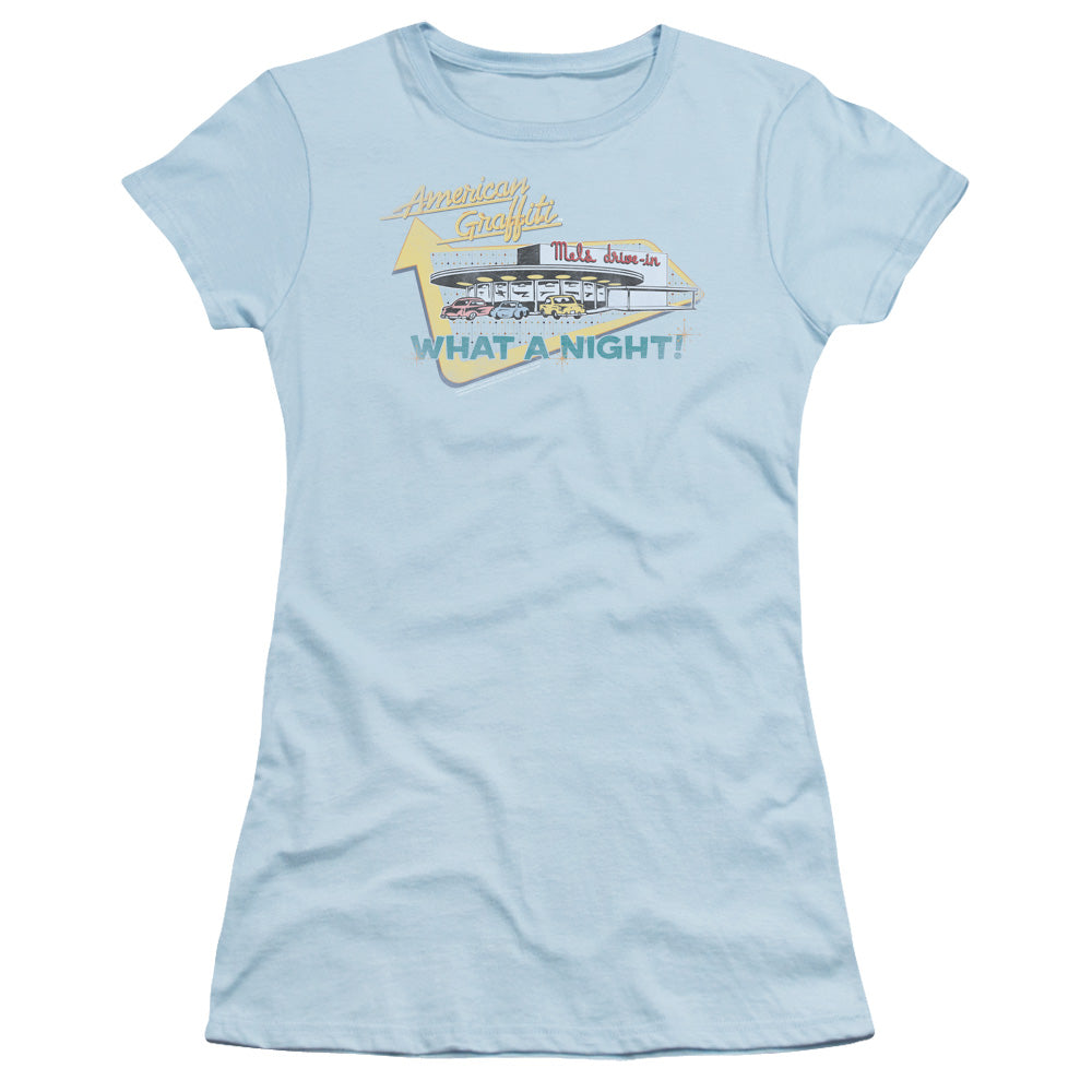 American Graffiti Mels Drive In Junior Sheer Cap Sleeve Womens T Shirt Light Blue