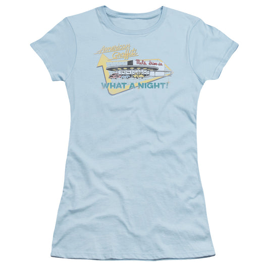 American Graffiti Mels Drive In Junior Sheer Cap Sleeve Womens T Shirt Light Blue