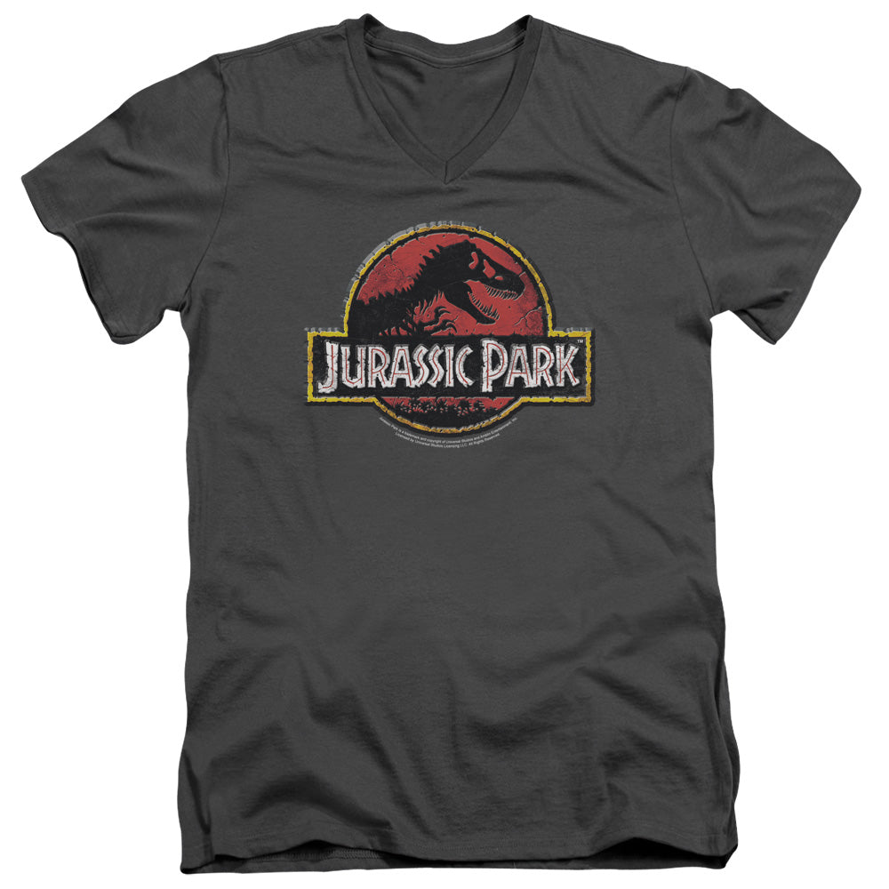 Jurassic Park Stone Logo Mens Slim Fit V-Neck T Shirt Charcoal