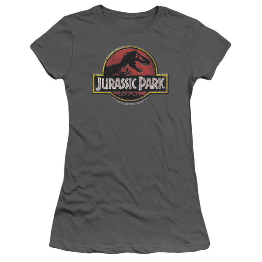 Jurassic Park Stone Logo Junior Sheer Cap Sleeve Womens T Shirt Charcoal