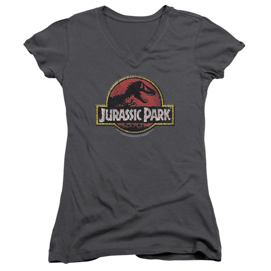 Jurassic Park Stone Logo Junior Sheer Cap Sleeve V-Neck Womens T Shirt Charcoal