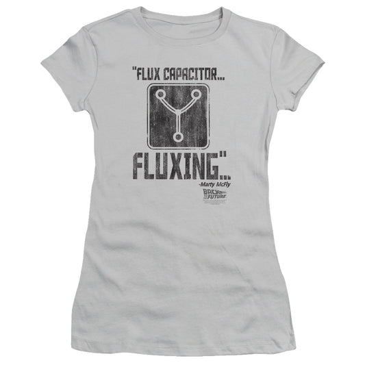 Back To The Future Fluxing Junior Sheer Cap Sleeve Womens T Shirt Silver