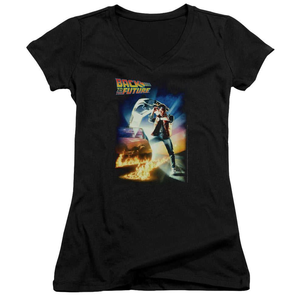 Back To The Future Poster Junior Sheer Cap Sleeve V-Neck Womens T Shirt Black