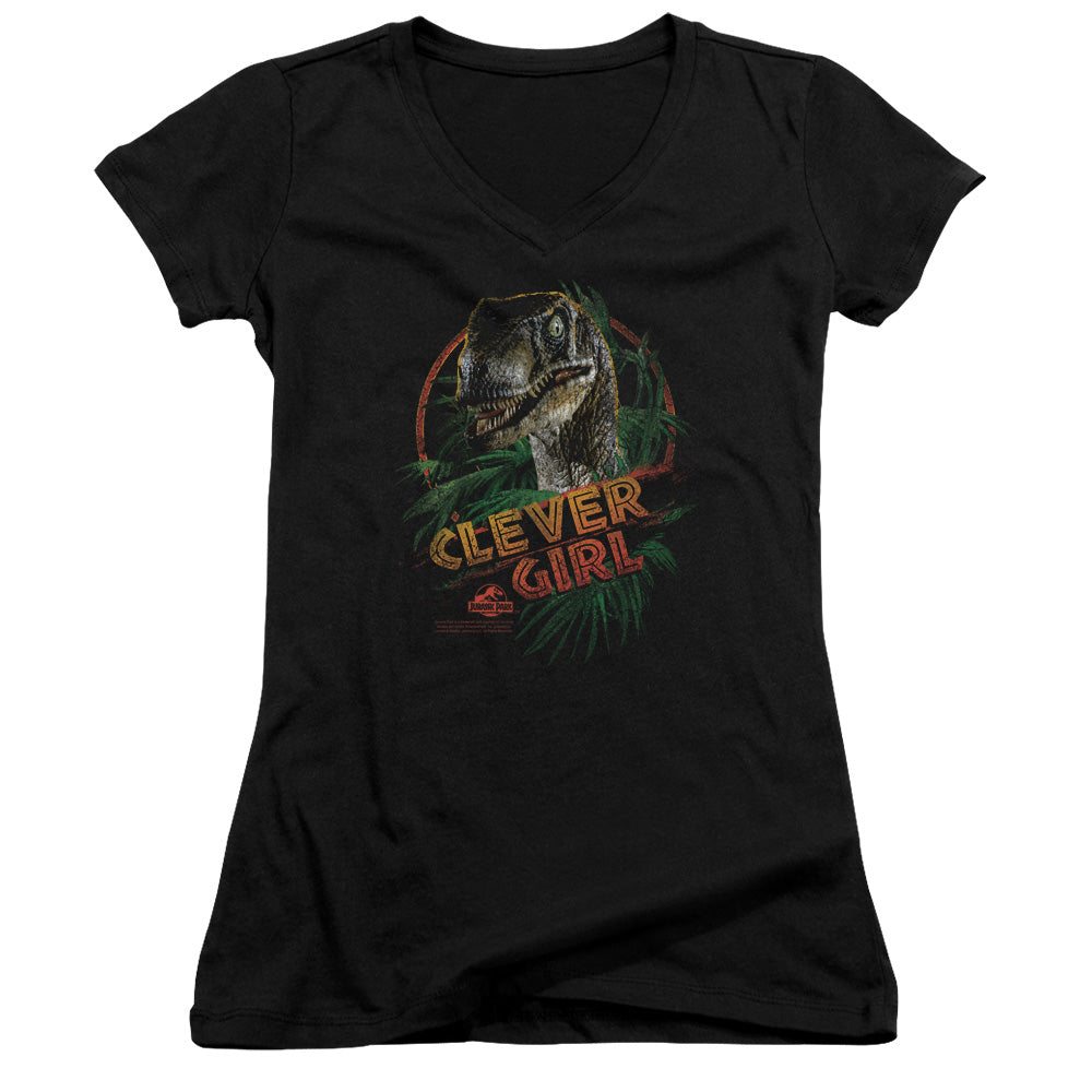 Jurassic Park Clever Girl Junior Sheer Cap Sleeve V-Neck Womens T Shirt Black