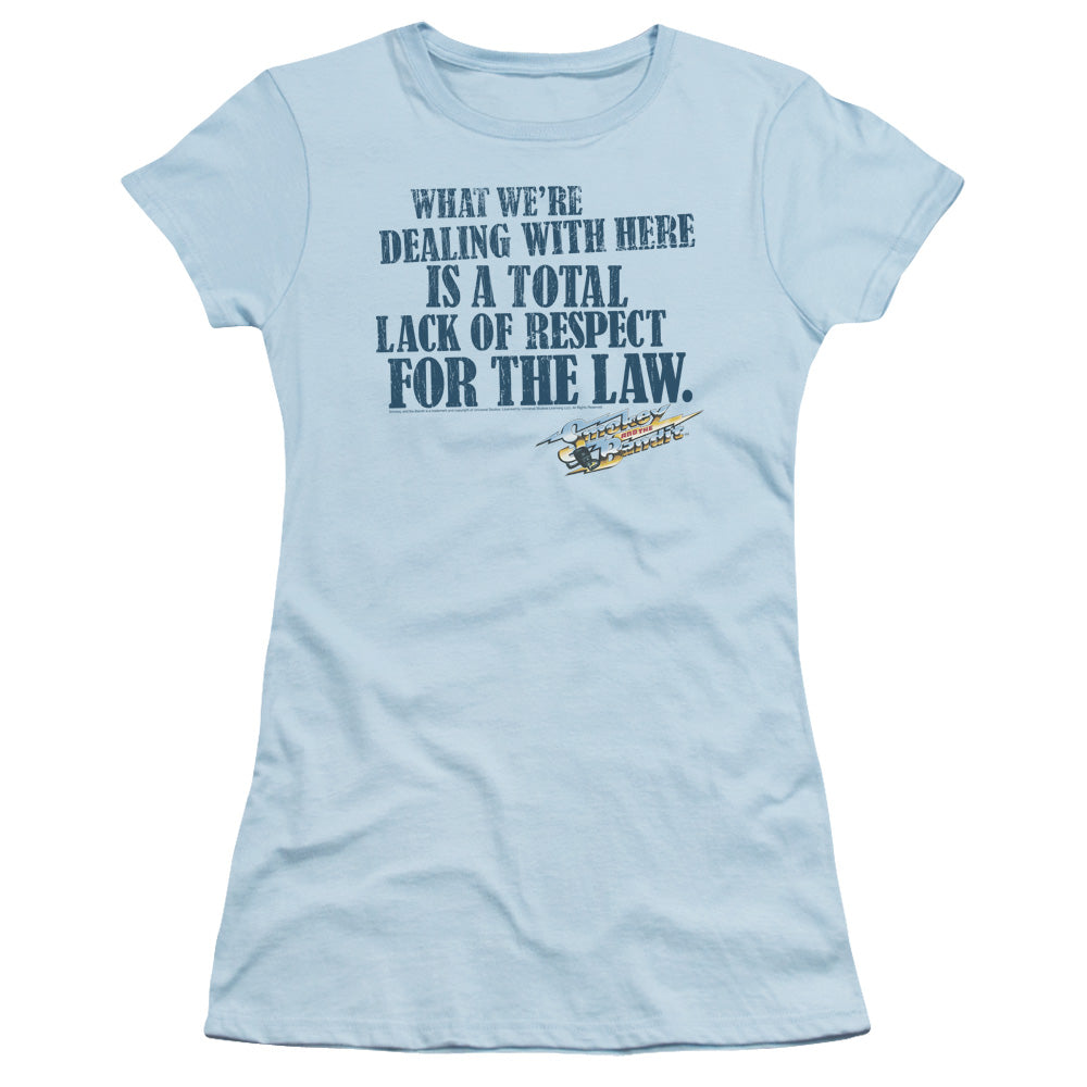 Smokey And The Bandit Lack Of Respect Junior Sheer Cap Sleeve Womens T Shirt Light Blue