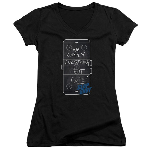 Slap Shot Chalkboard Junior Sheer Cap Sleeve V-Neck Womens T Shirt Black