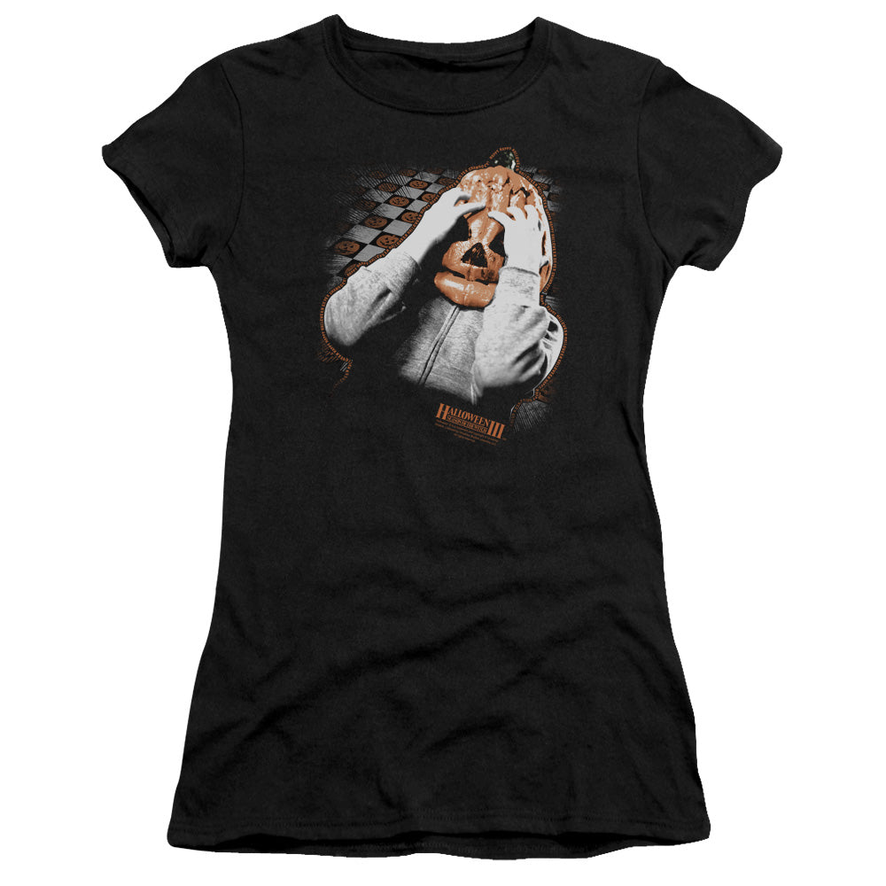 Halloween III Pumpkin Mask Junior Sheer Cap Sleeve Womens T Shirt Black