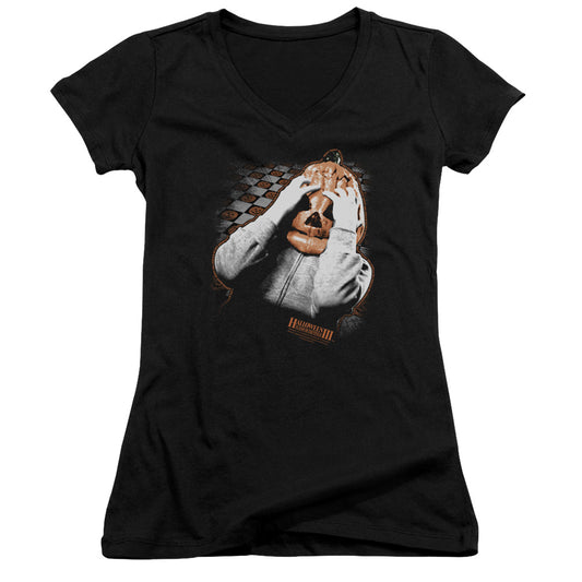 Halloween III Pumpkin Mask Junior Sheer Cap Sleeve V-Neck Womens T Shirt Black