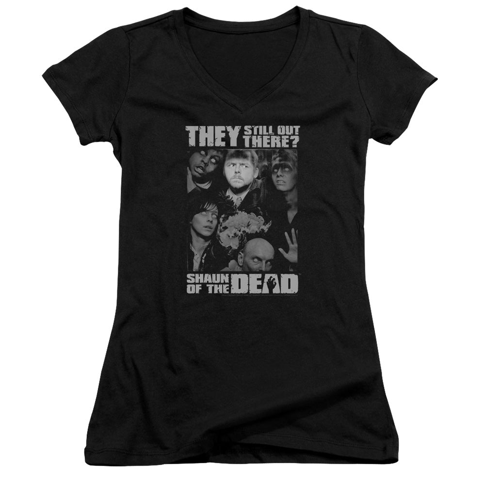 Shaun Of The Dead Still Out There Junior Sheer Cap Sleeve V-Neck Womens T Shirt Black