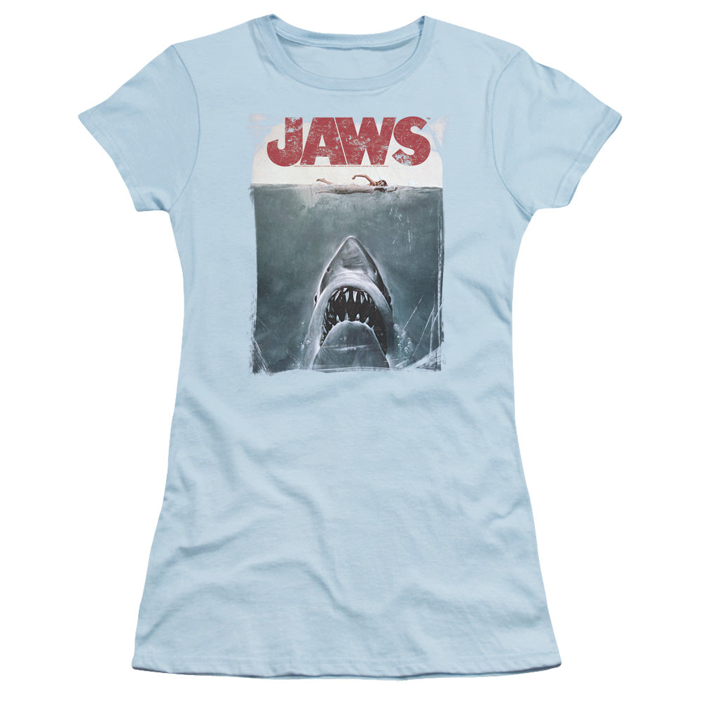 Jaws Title Junior Sheer Cap Sleeve Womens T Shirt Light Blue