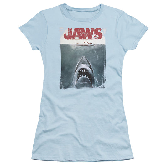 Jaws Title Junior Sheer Cap Sleeve Womens T Shirt Light Blue