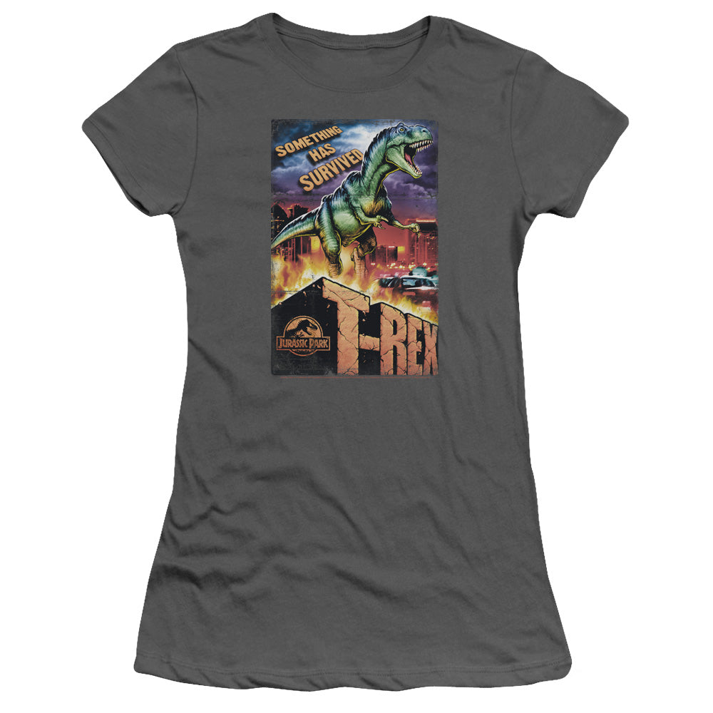 Jurassic Park Rex In The City Junior Sheer Cap Sleeve Womens T Shirt Charcoal