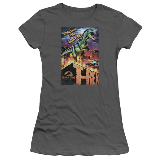 Jurassic Park Rex In The City Junior Sheer Cap Sleeve Womens T Shirt Charcoal