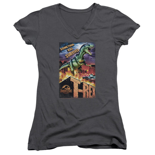 Jurassic Park Rex In The City Junior Sheer Cap Sleeve V-Neck Womens T Shirt Charcoal