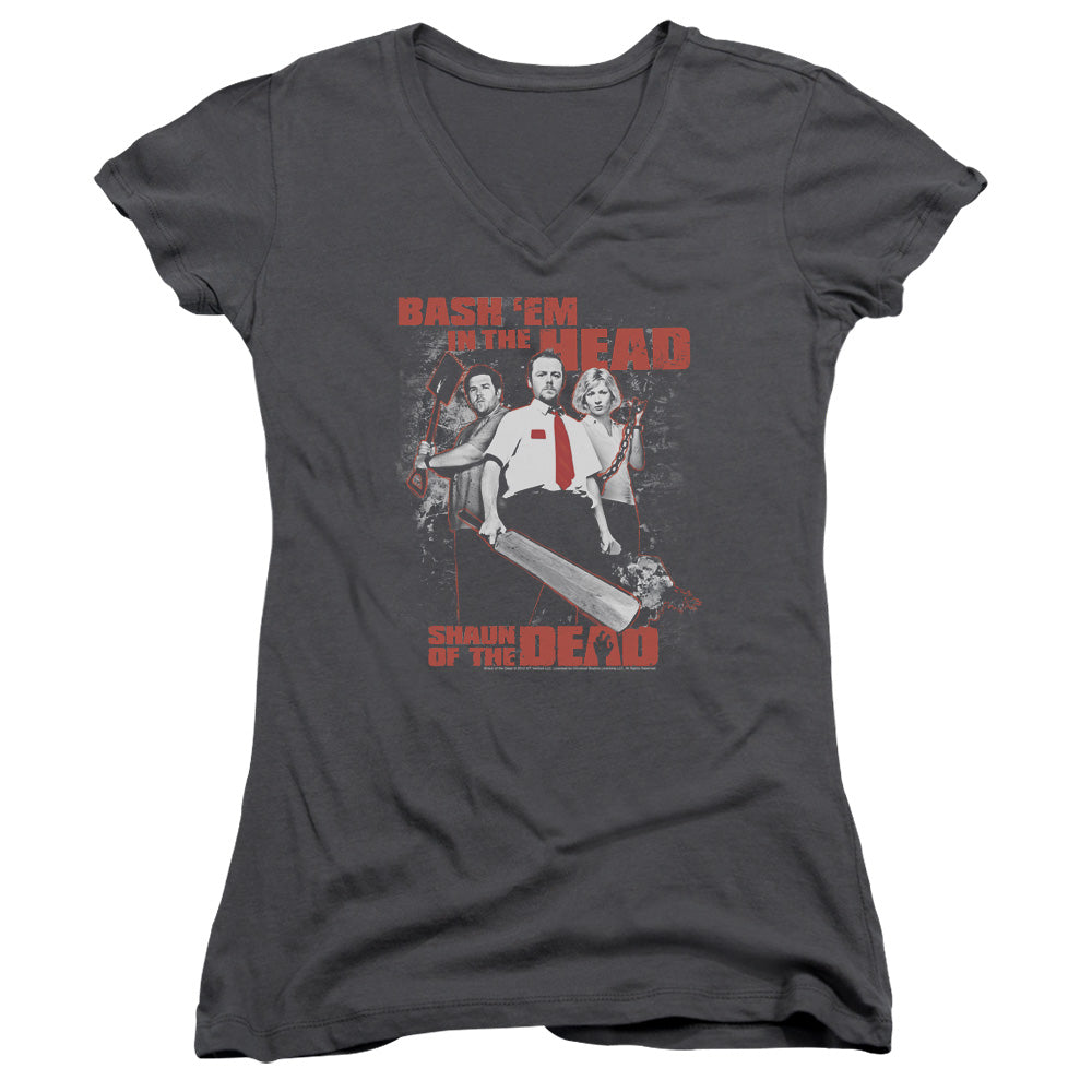 Shaun Of The Dead Bash Em Junior Sheer Cap Sleeve V-Neck Womens T Shirt Charcoal